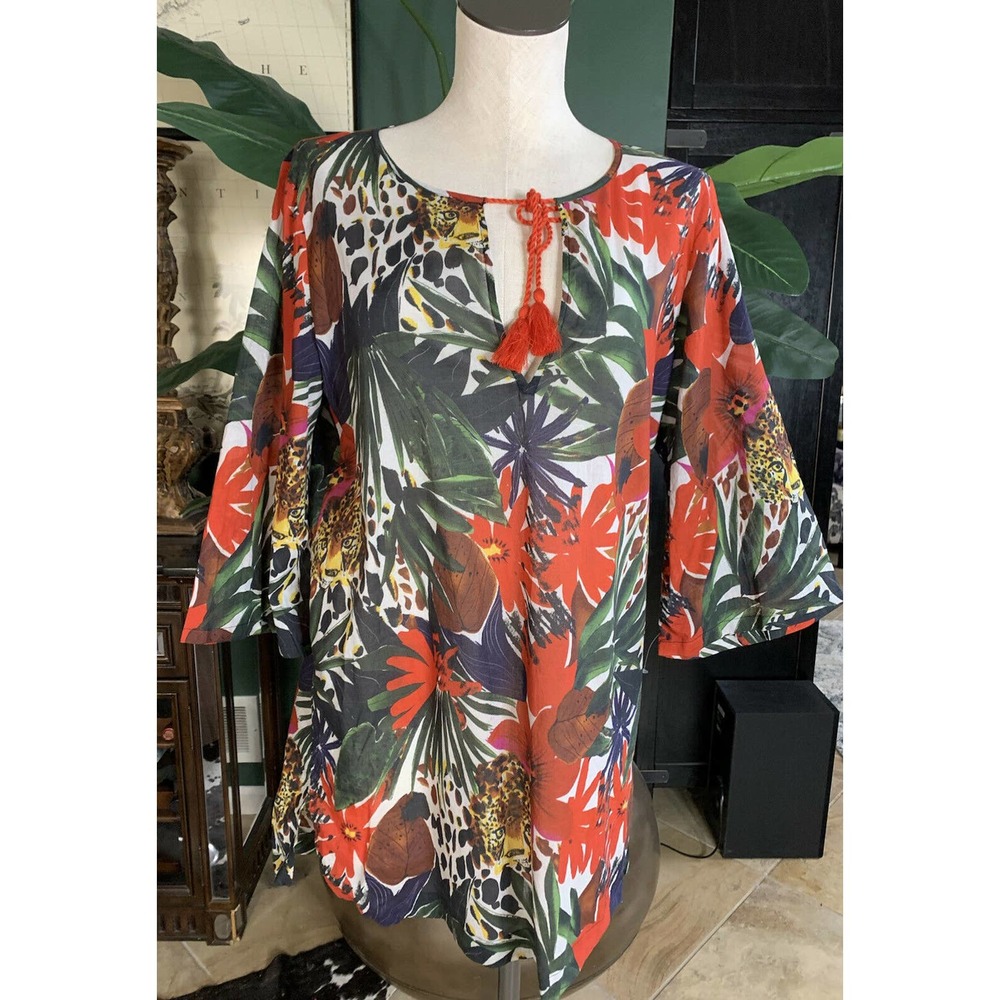 j.Crew women’s small red floral tiger Cotton swimsuit cover up tunic LL